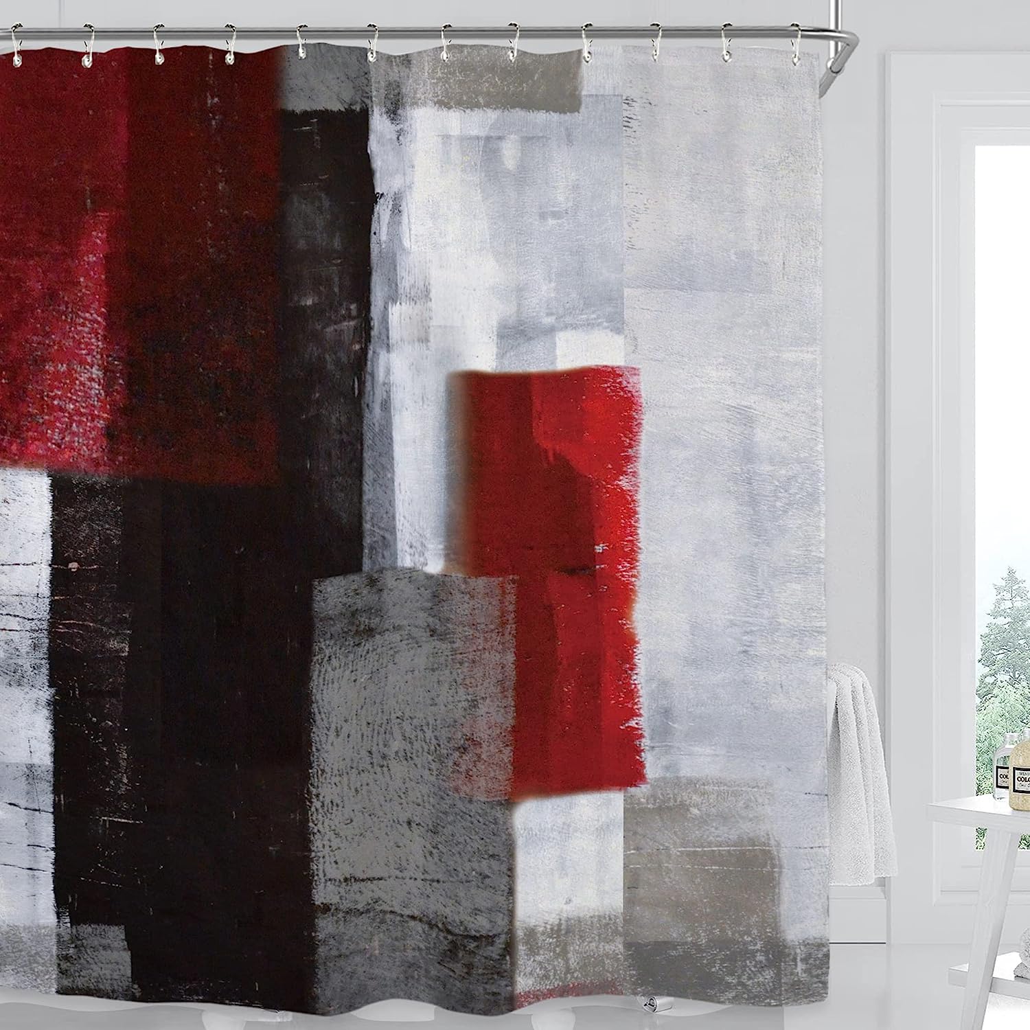 JOOCAR Black Red Gray Shower Curtain Set with 12 Hooks Washable