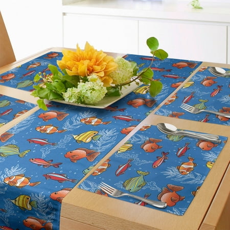 

Marine Table Runner & Placemats Depiction of Colorful Fishes and Seaweeds on Background in Ocean Set for Dining Table Decor Placemat 4 pcs + Runner 12 x90 Sea Blue and Multicolor by Ambesonne