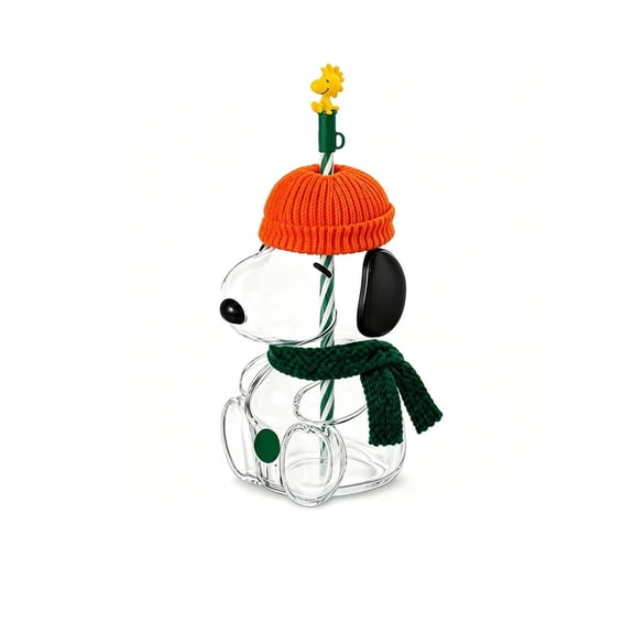 20oz Snoopy-Shape Clear Glass Cup with Straw, Removable Knit Beanie & Scarf, Novelty Drinkware for Iced Drinks