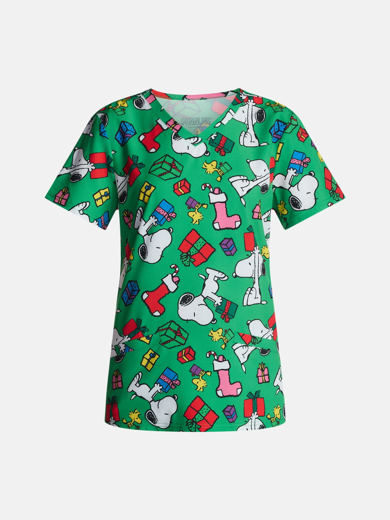 Peanuts Women's Holiday Scrub Top with Short Sleeves, Sizes S-XXXL