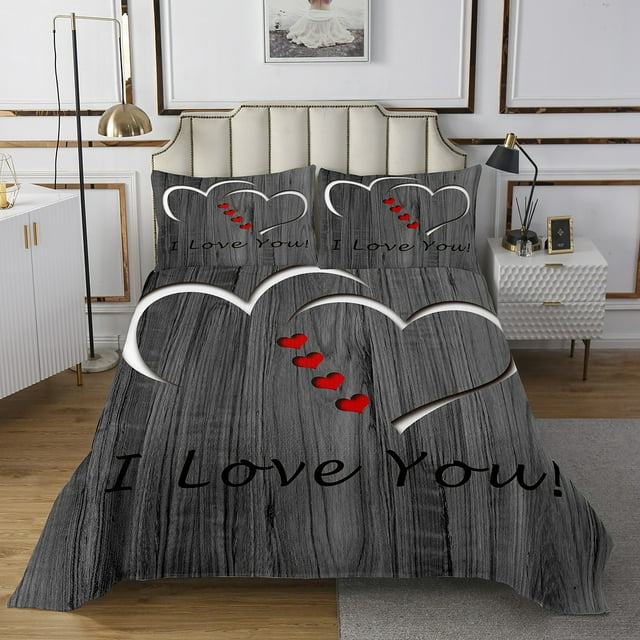 Erosebridal I Love You Print Coverlet Set Queen, Love Heart Pattern Bedding Set, Grey 3pcs