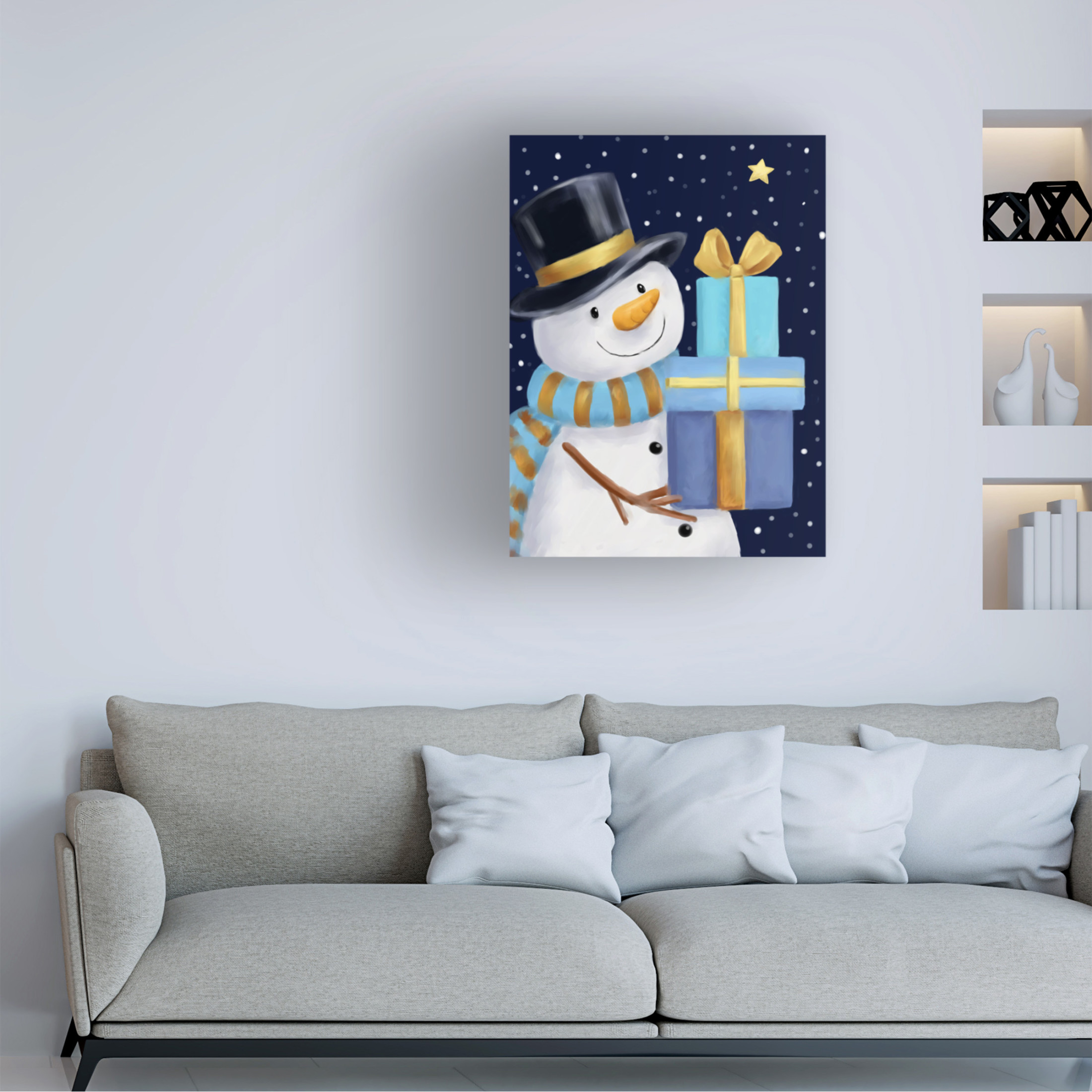 Canvas Wall Art - MAKIKO 'Snowman With Blue Presents' Wall Art for Living Room, Bedroom, or Office Décor by Trademark Fine Art - 35 x 47 Inches