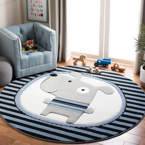 SAFAVIEH Carousel Kids Orpa The Dog Area Rug, Navy/Ivory, 5'3" x 5'3" Round