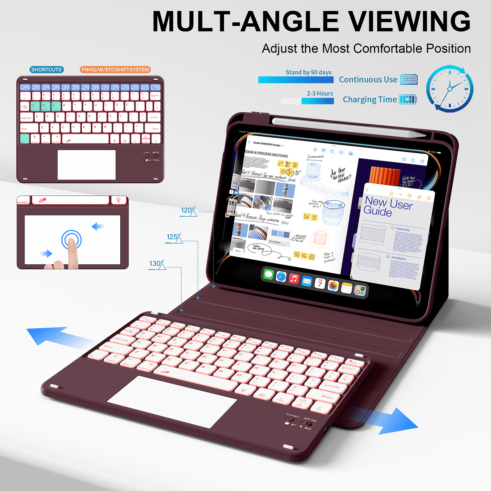 Kenke Keyboard Case Compatible for iPad (A16) 11/10th Generation 11/10.9 inch 2025/2020,Folio Cover with Pencil Holder, Multi-Touch Trackpad,7 Color Backlit,Detachable Bluetooth Keyboard, Dark Cherry