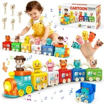 Hot Bee Montessori Train Toy with Lights & Music, 5-in-1 Vehicle Set w/ Keys, Numbers & Shapes Matching, Finger Puppet Animals&Stackable Cars, Educational Toy Christmas Train Gift for Toddlers 2-5