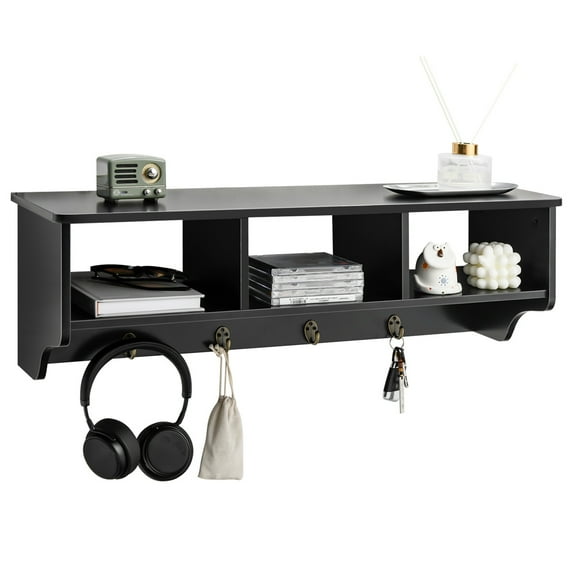 Costway Wooden Wall Mounted Coat Rack Hanging Cubby Organizer Storage Shelf with Hooks Black