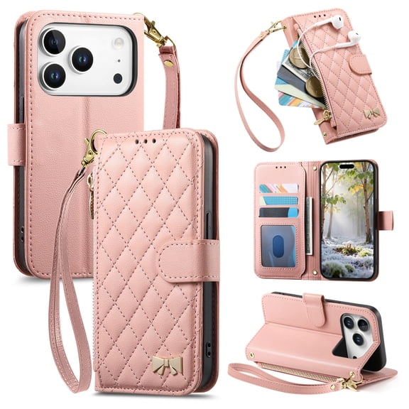 ELEHOLD For iPhone 17 Pro Max Flip Zipper Leather Wallet Case w/ Strap , Premium Wallet with Multiple Card Slots Secure Closure Cover Stylish Gift for Women & Girls,Pink