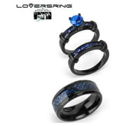 His and Hers Wedding Ring Sets Couples Rings Black Gold Plated Round Blue Cz Stainless steel band