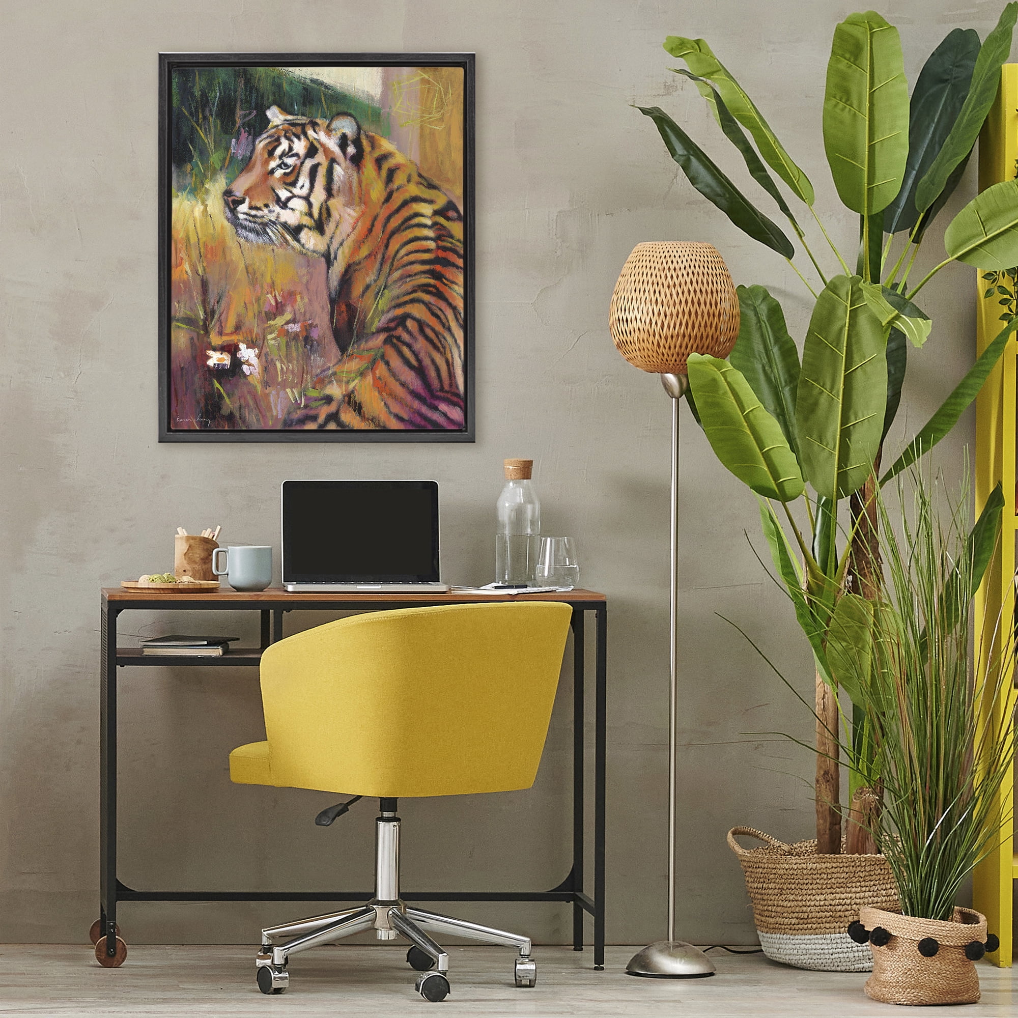 Stupell Industries Patience Tiger in Wait Black Framed Floater Canvas Wall Art, design by Karen Chang