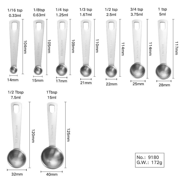 9 Piece Measuring Spoon: The Measuring Cylinder Set Includes1/16 Teaspoon,  1/8 Teaspoon, 1/4 Teaspoon, 1/3 Teaspoon, 1/2 Teaspoon, 3/4 Teaspoon, 1  Teaspoon, 1/2 Tea 