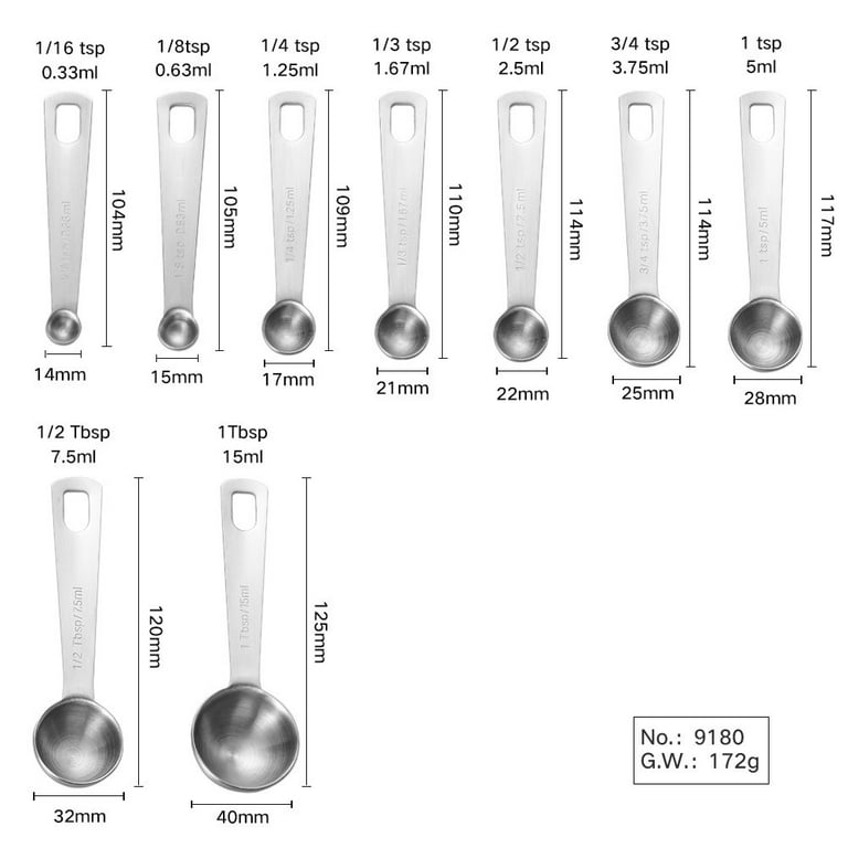 9 Piece Measuring Spoon: The Measuring Cylinder Set Includes1/16 Teaspoon,  1/8 Teaspoon, 1/4 Teaspoon, 1/3 Teaspoon, 1/2 Teaspoon, 3/4 Teaspoon, 1