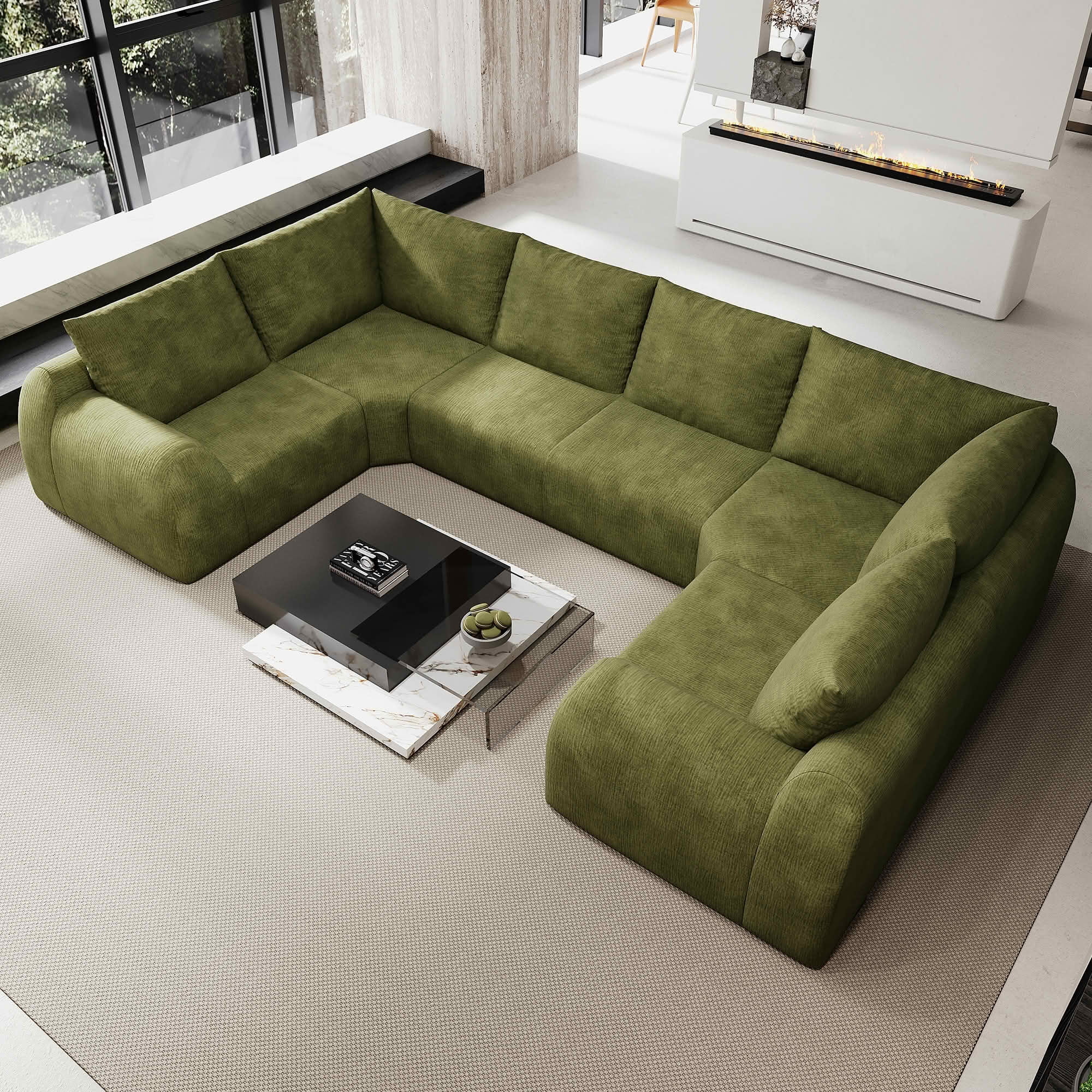 MAYEERTY 135.5 Inch 6-Seat U Shape Cloud Modular Sectional Sofa, Vacuum Compressed Chenille Fabric Couch, No Assembly Needed for Living Room