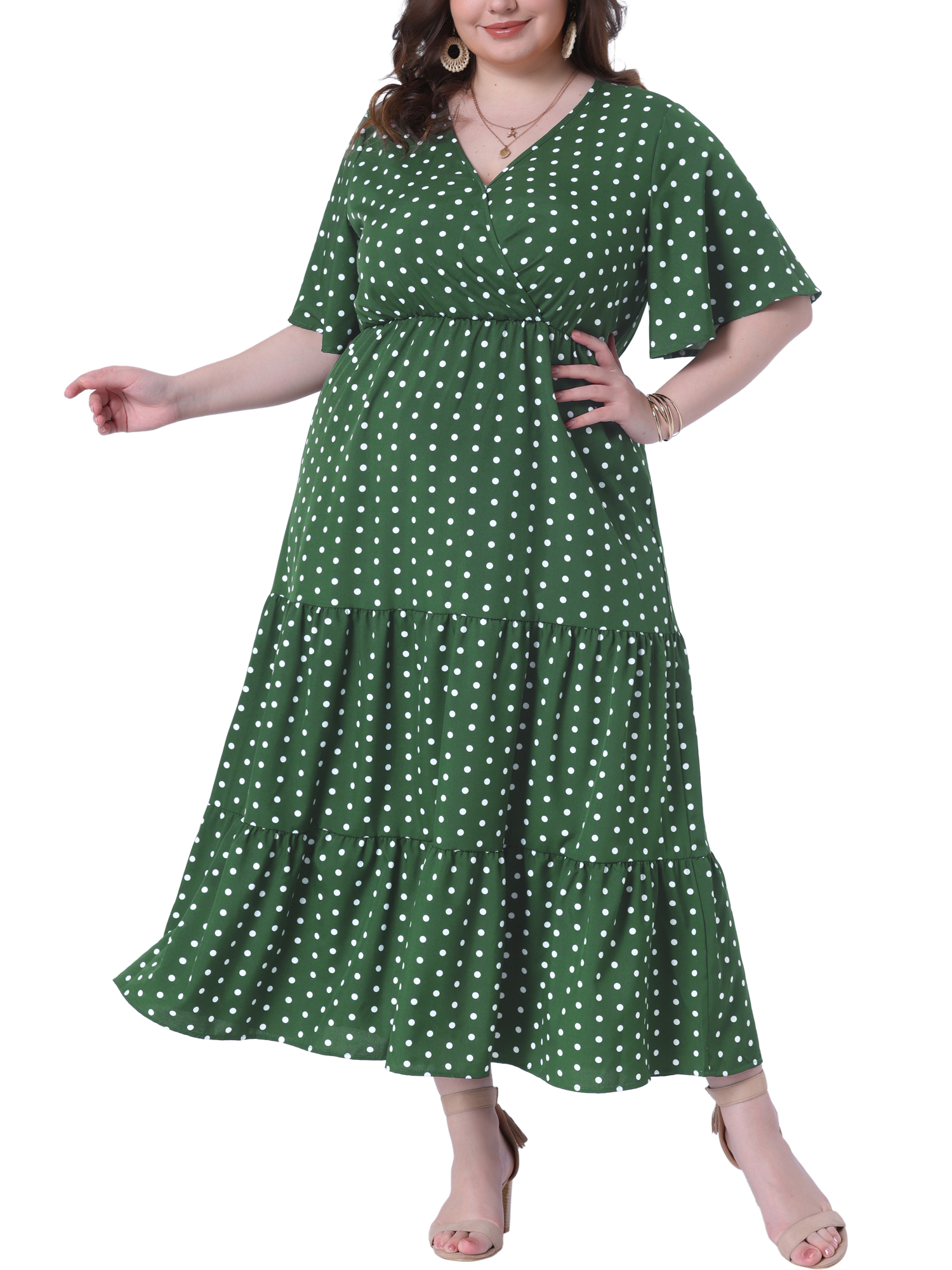 DARING DIVA Plus Size V Neck Short Sleeve Wrap Polka Dot A-Line Dress 4X Olive Green