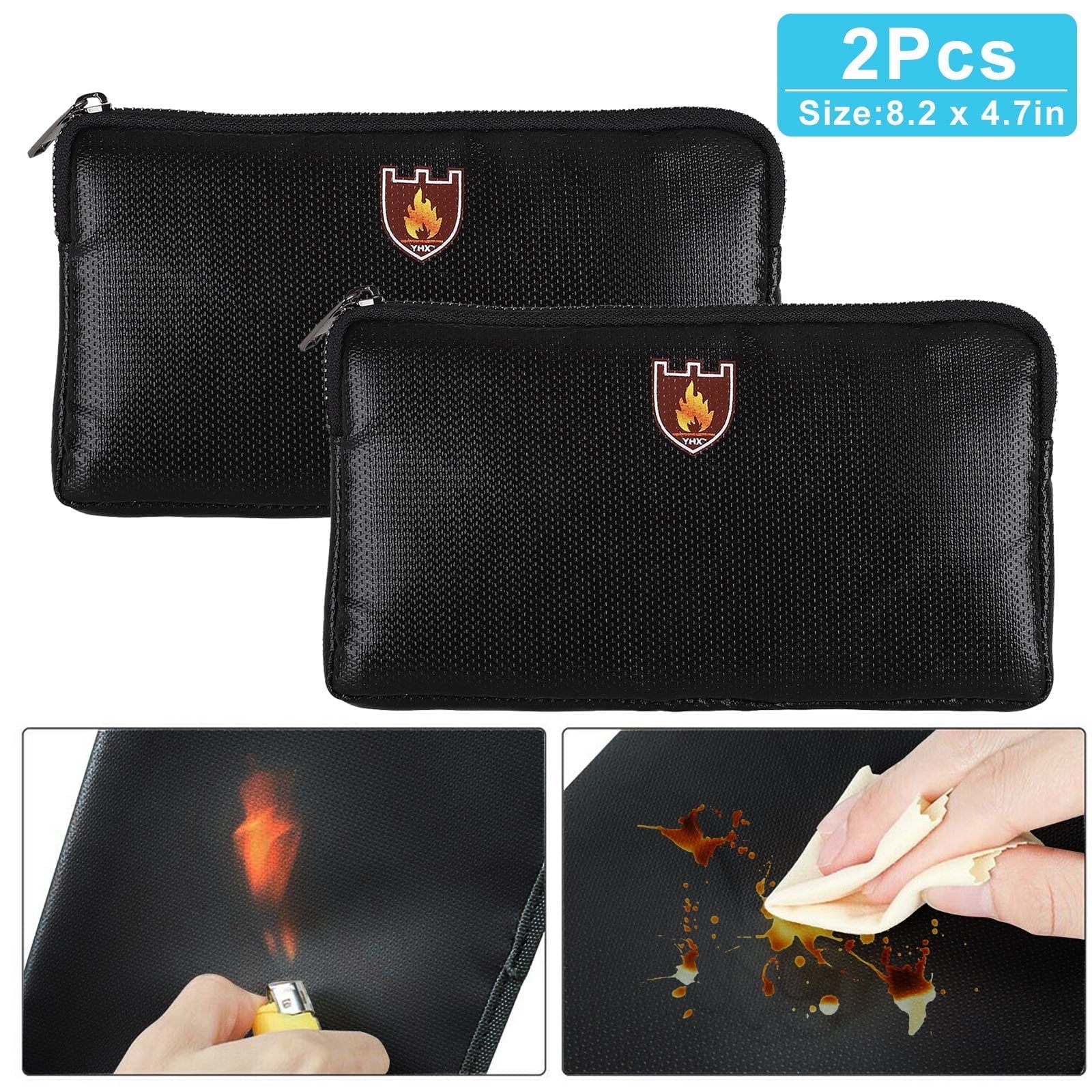 Kleine brandwerende tas (12,7 x 20,3 cm), niet-jeukende brandwerende geldzak, vuurvaste portemonnee, geldtas, vuurvaste tasset voor waardevolle spullen - paspoort, valuta en sleutels, Grijs, Zwart, 8