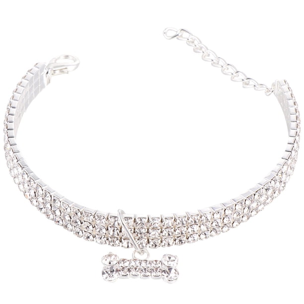 EeaseMX Collar con colgante en forma de hueso y anilla brillante con diamantes de imitación para perro, de lujo, con hebilla ajustable (blanco, talla M)