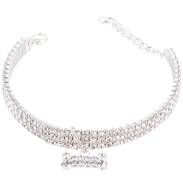 EeaseMX Collar con colgante en forma de hueso y anilla brillante con diamantes de imitación para perro, de lujo, con hebilla ajustable (blanco, talla M)