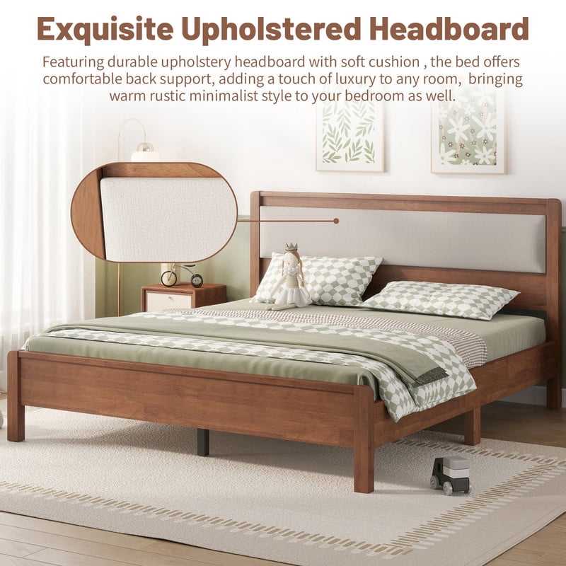 Queen Size Wooden Bed Frame with Upholstered Headboard, Low Profile Platform Bed with Central Support Legs