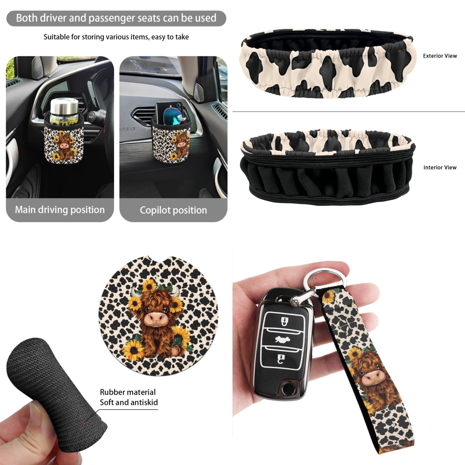 Yuyamidu Highland Cow Car Seat Cover Set of 15 Cow Print Steering Wheel Cover Sunflower Seat Belt Pads Garbage Bag Air Vent Pocket Rearview Mirror Cover Cute Car Coasters Keychain