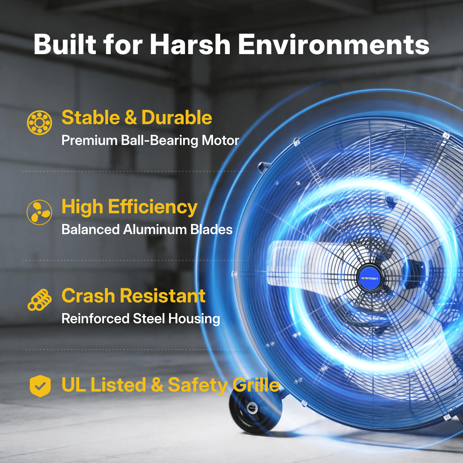 NORTHSKY 36" Industrial Drum Fan, 15000 CFM High-Velocity, Heavy Duty Floor Fan with 2 Speeds, 1/3 HP Powerful Motor, 6 IN Wheels Barn Fan for Garage, Warehouse, Shop, Workshop, Factory, UL Listed