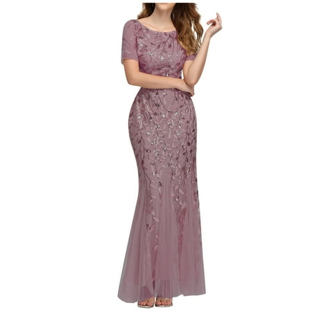 

Ziloco Women Beaded Mesh Gauze Fishtail Short Sleeve O-Neck Slim Evening Dress bra for backless dresses Pink XXL