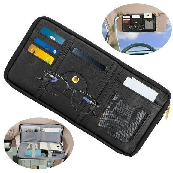 Car Sun Visor Organizer, Sunglass Holder for Car, Auto Interior Accessories Pocket Organizer, Truck SUV Storage Pouch Holder with Multi-Pocket Net Zipper, Black