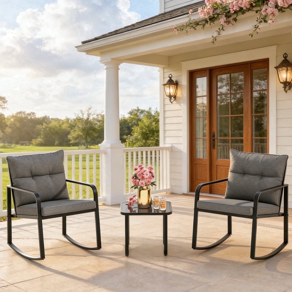 3-Piece Rocking Patio Set, Lofka Patio Furniture Sets with Tempered Glass Table & Weather-Resistant Iron Frame, Rocking Chair for Garden |Poolside