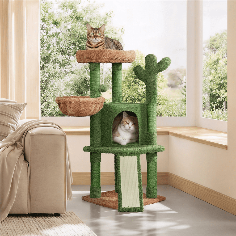 Yaheetech 42" Height Cactus Cat Tree with Scratching Posts, Basket & Ladder, Green/Brown