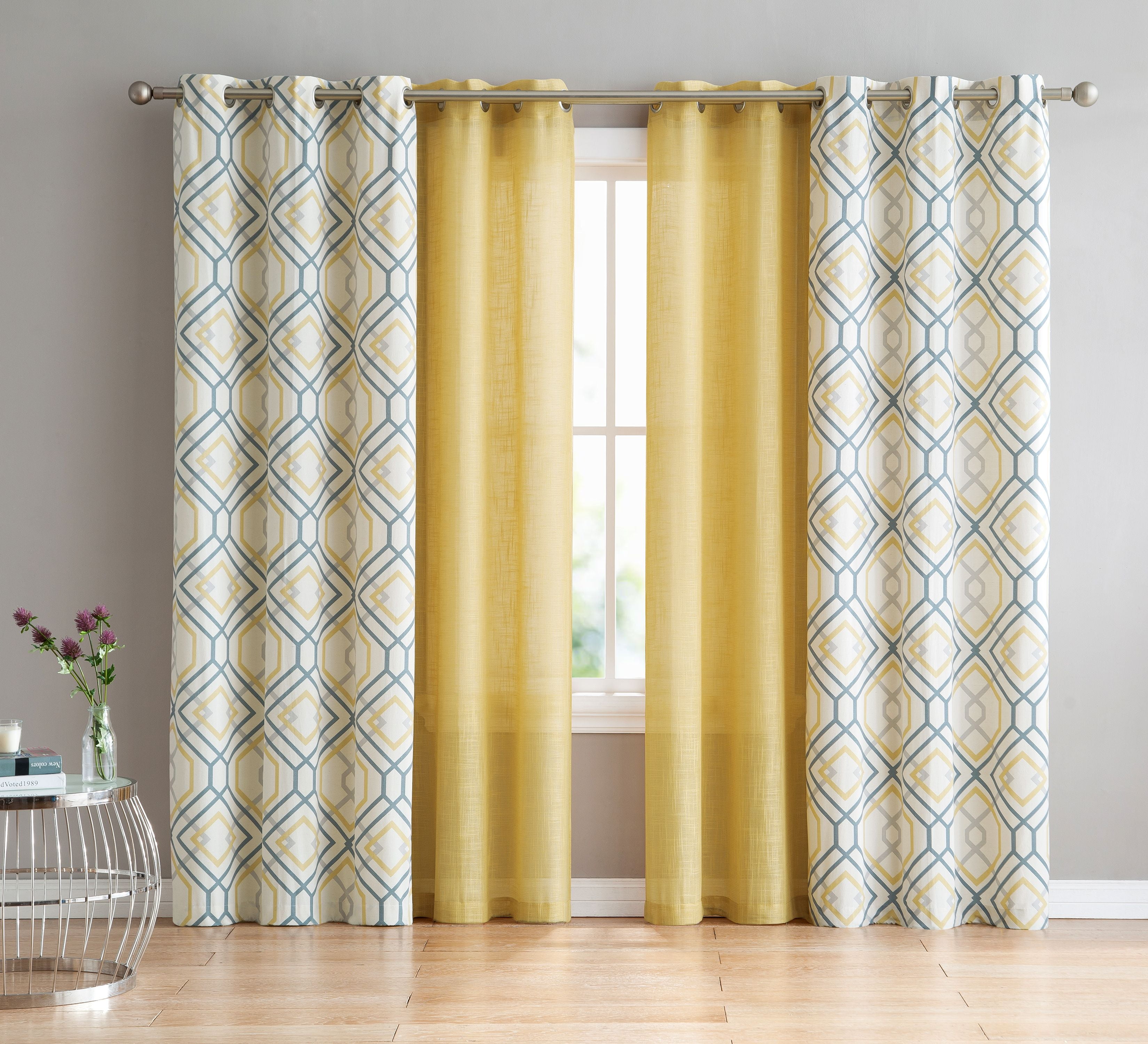 VCNY Home Complete 4 Pc. Geometric Grommet Top Curtain Set - Yellow/Gray 84 in. Long