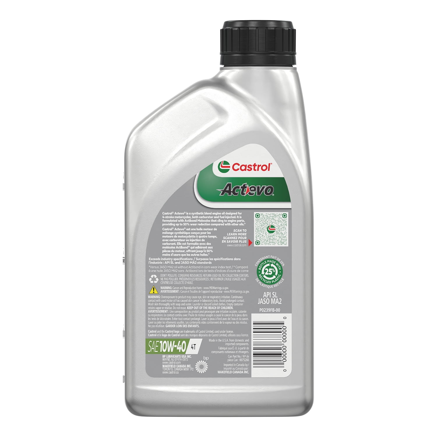 (2 pack) Castrol Actevo 4T 10W-40 Part Synthetic Motorcycle Oil, 1 Quart