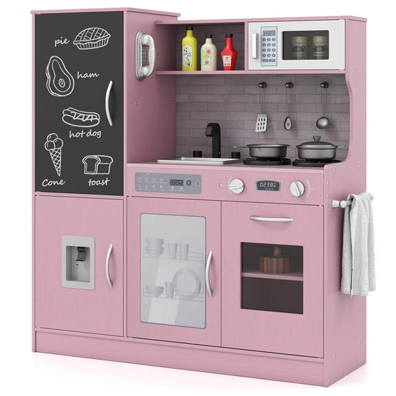 Infans Play Kitchen Toy Set w/ Chalkboard Oven Sink Curtain Microwave Water Dispenser