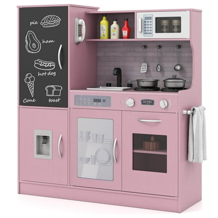 Infans Play Kitchen Toy Set w/ Chalkboard Oven Sink Curtain Microwave Water Dispenser