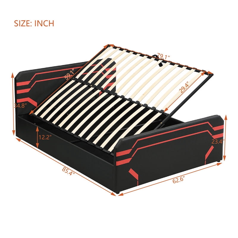 Queen Size PU Leather Gaming Bed Frame with Hydraulic Storage, Cyberpunk Style Platform Bed with Futuristic Pattern Headboard