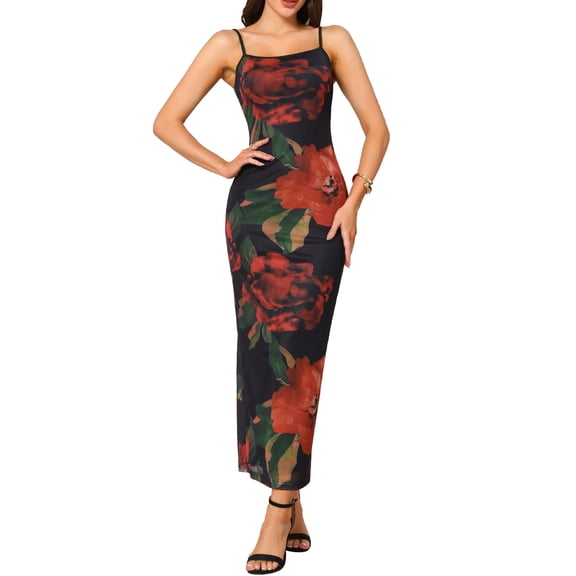 INSPIRE CHIC Floral Mesh Dress for Women's Sleeveless Spaghetti Strap Cami Bodycon Maxi Dresses XS Black