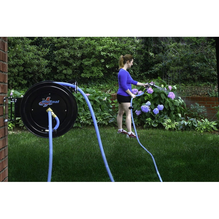 BLUSEAL BSWR5850 Retractable Hose Reel with 5/8 x 50' Hot Water Rubber  Hose, 6' Lead-in, 500 PSI, Brass Fittings, Swivel Mount Hose Reel, 9  Pattern