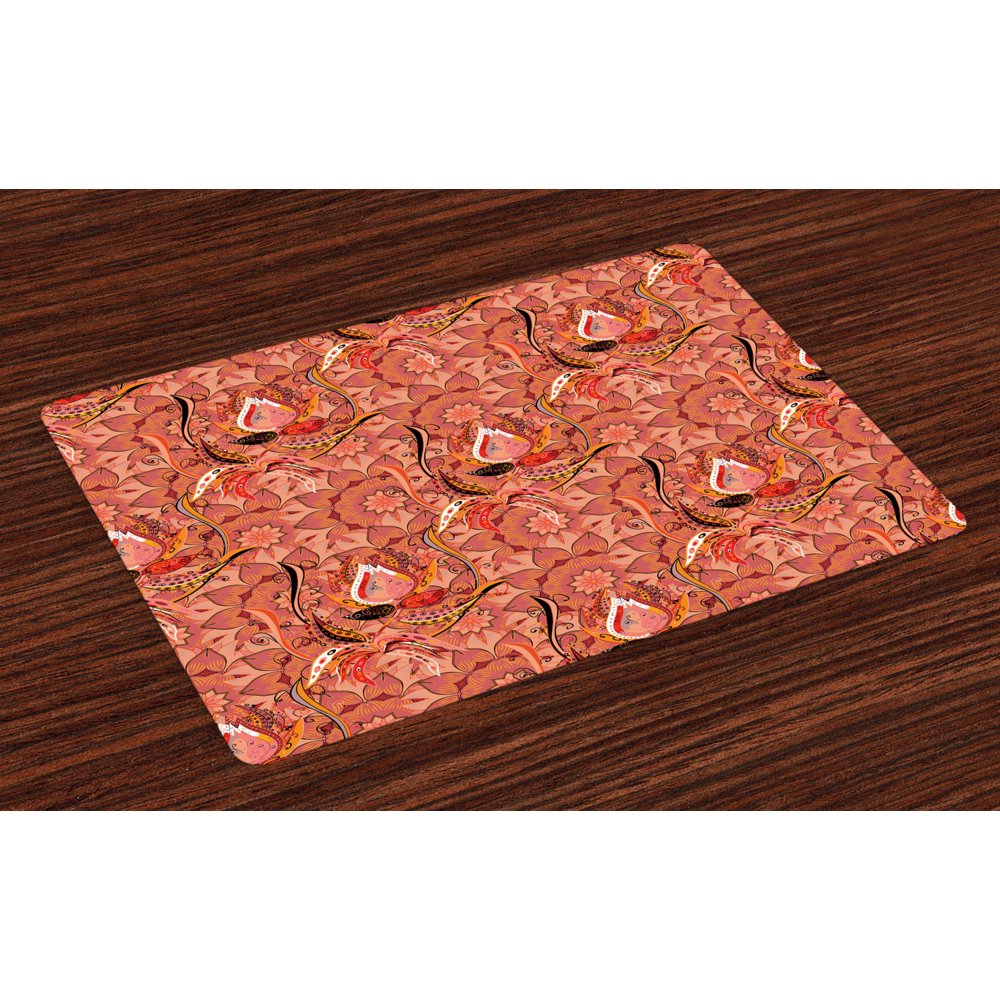 Peach Placemats Set of 4 Hand Drawn Floral Arrangement Vibrant Colors