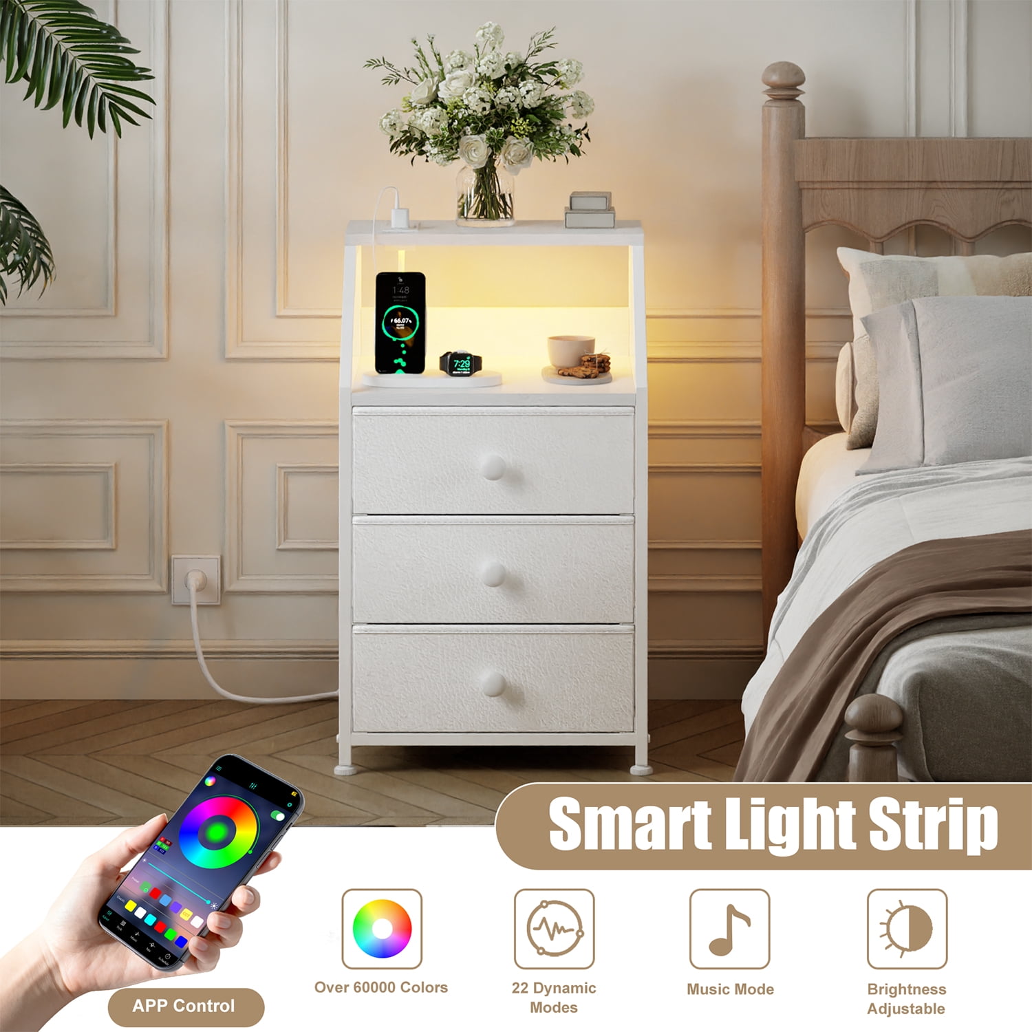 GUNAITO Led Nightstand Set of 2 with Charging Station Side Table with 3 Drawers End Table with Open Shelf Bedside Table with USB Ports and Outlets Nightstand for Bedroom,White