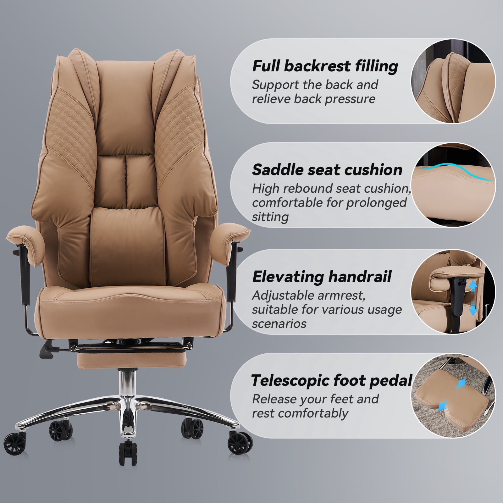 ATMILD High Back Ergonomic Office Chair Big and Tall Leather Executive Computer Desk Chair with Footrest, Brown