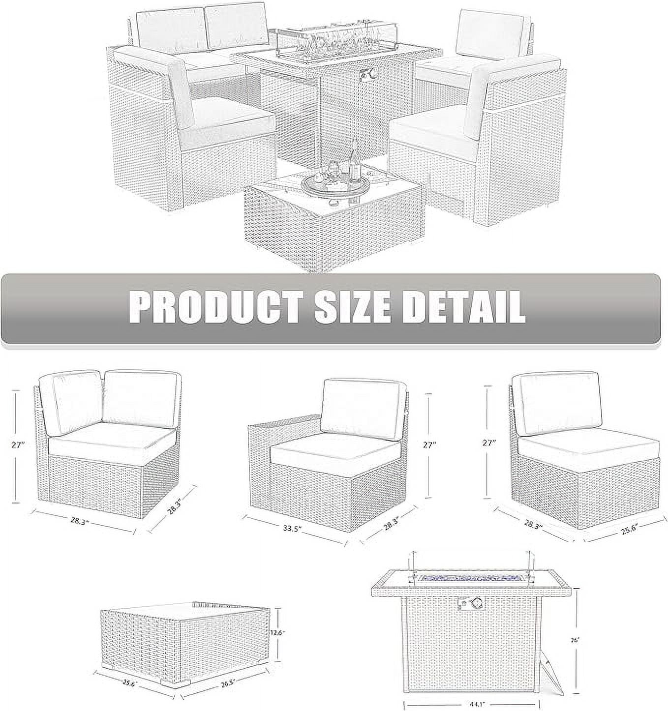 LayinSun 7 Pieces Outdoor Patio Furniture Set with 44" Fire Pit Table Rattan Sectional Sofa Conversation Sets