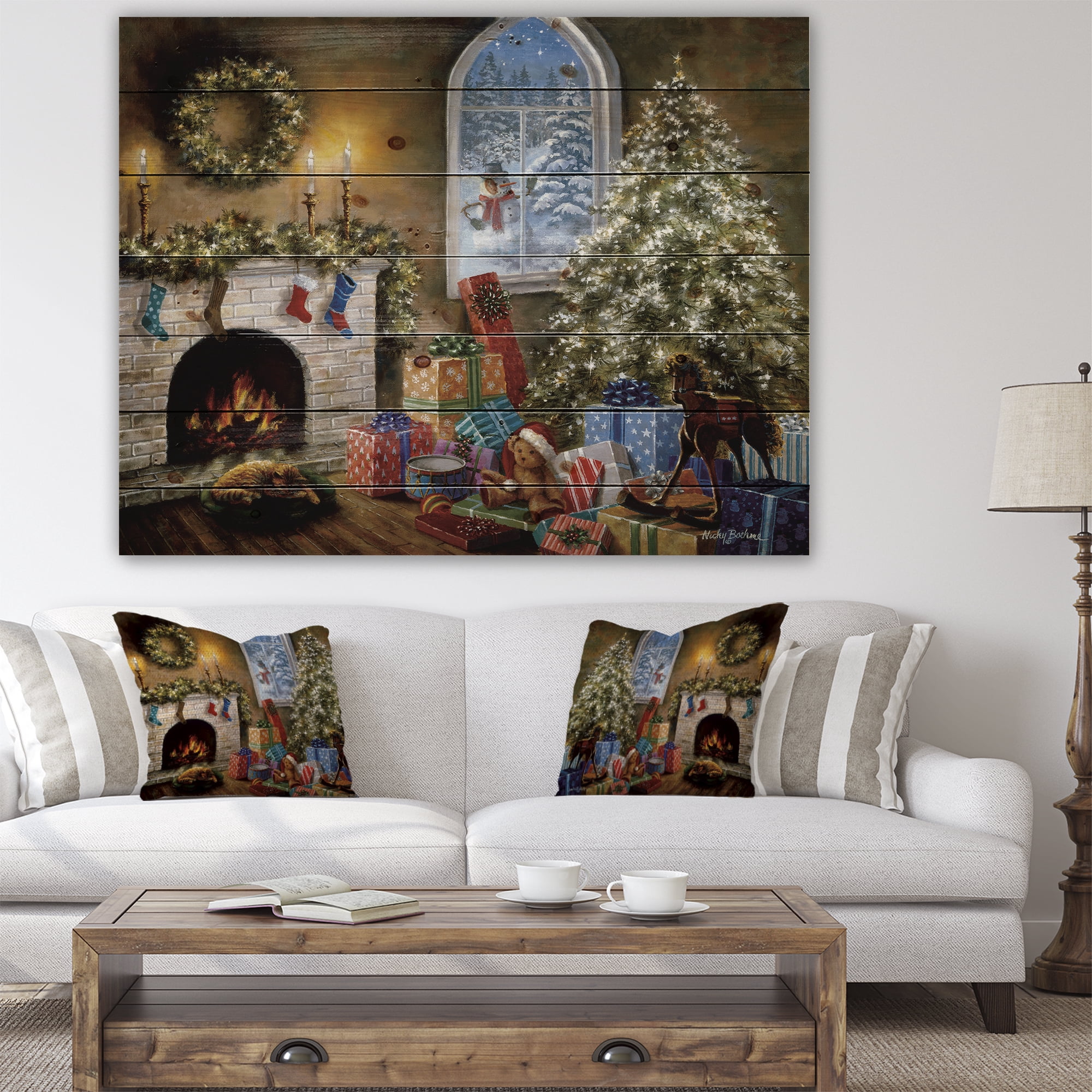 Designart 'Christmas Eve with presents by fire place ' Print on Natural Pine Wood
