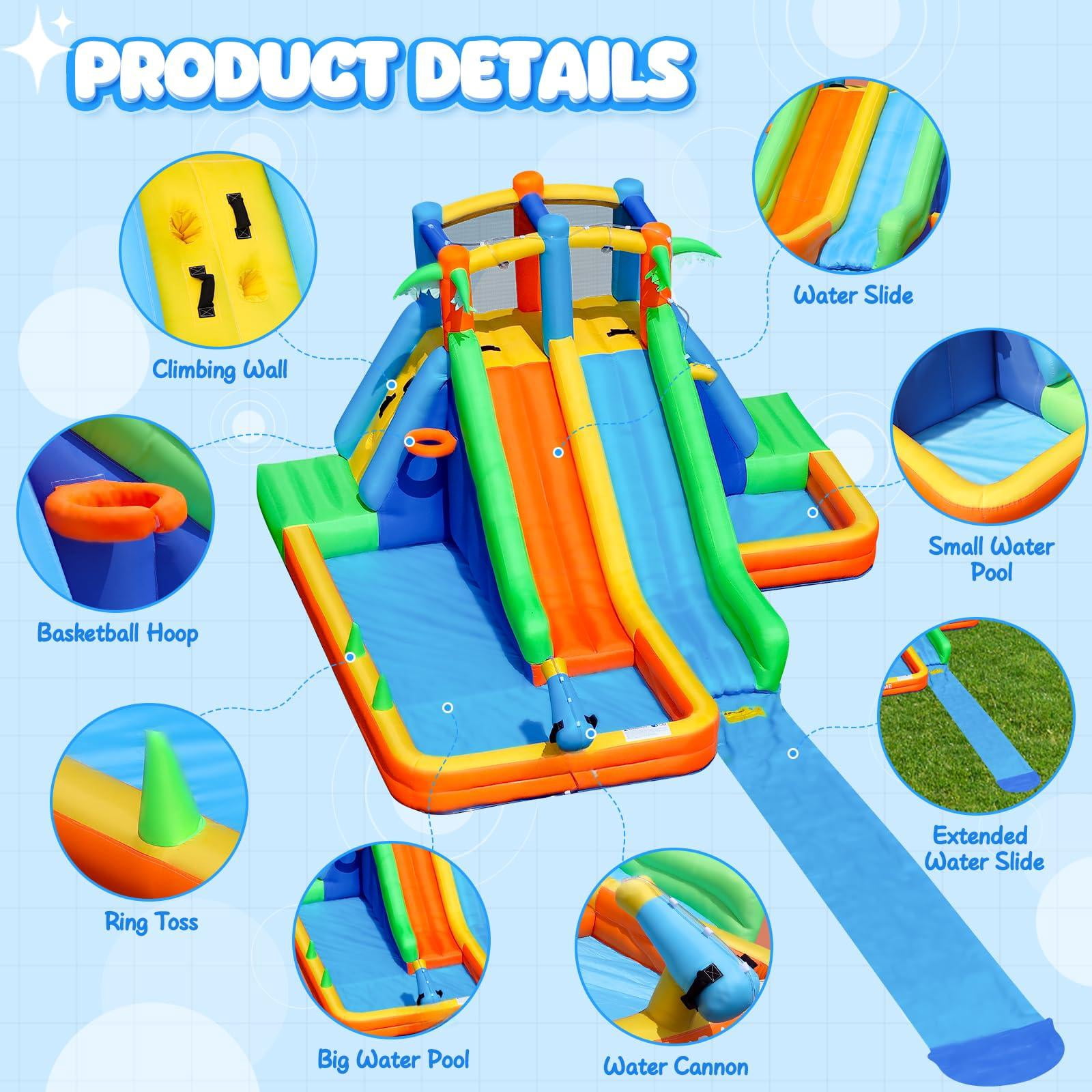 Inflatable Lawn Water Slide Park with Extend Splash Slide and Basketball Hoop