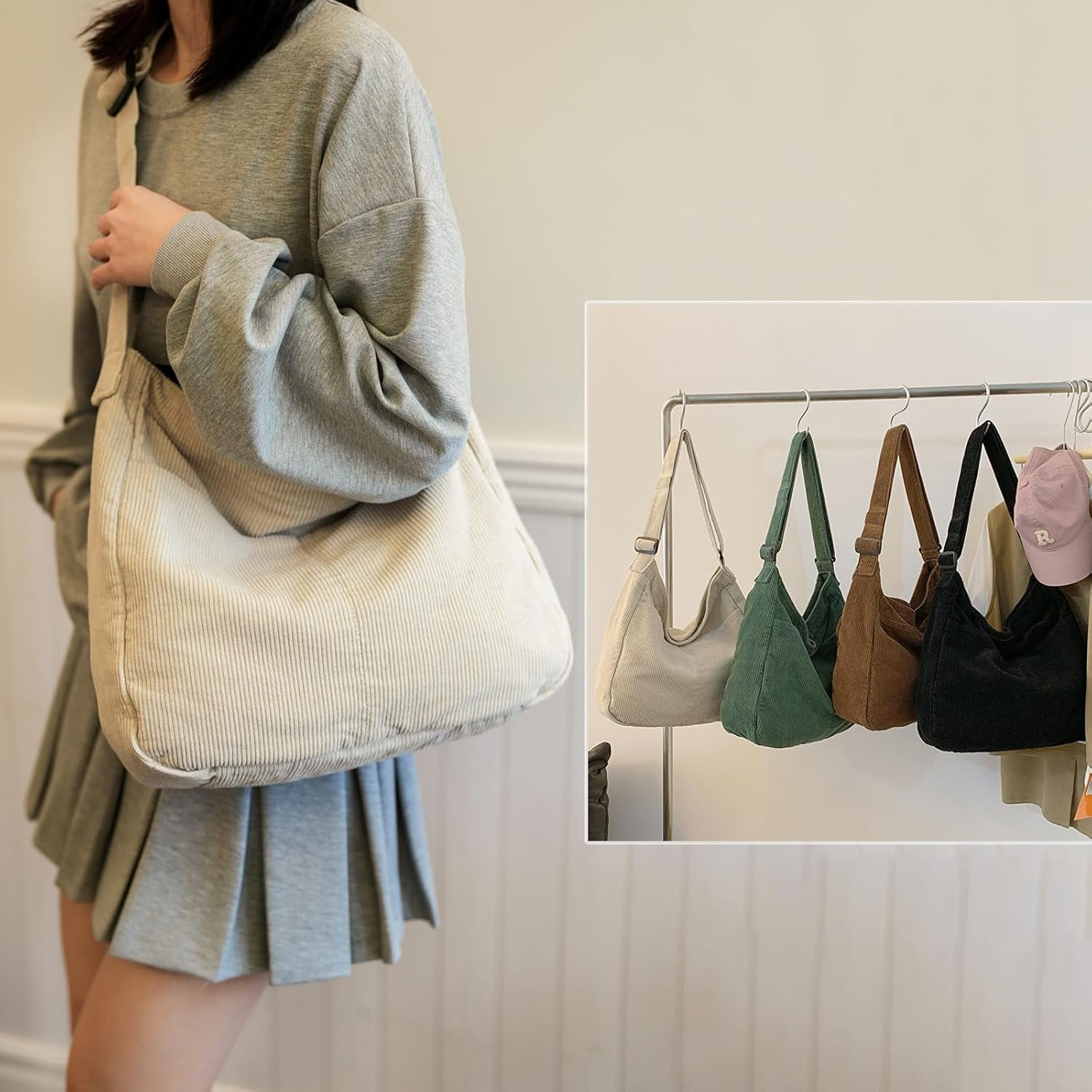 Lohol Canvas Tote Bag, Casual Hobo Crossbody Shoulder Bag for Women and Men, Large Purse for Travel and Work-White