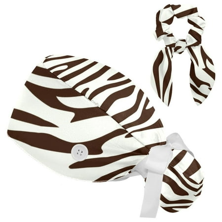 

Working Cap with Buttons and Sweatband Scrub Hat Bouffant Caps with Scrunchie Brown Zebra Tie Back Hats