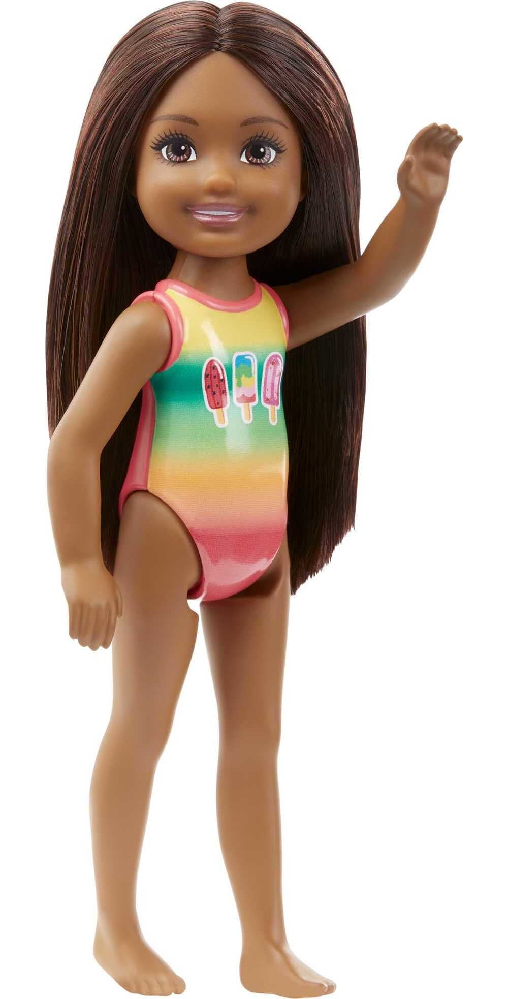 Barbie Club Chelsea Doll, Small Doll with Long Brown Hair, Brown Eyes & Frozen Treat-Graphic Swimsuit