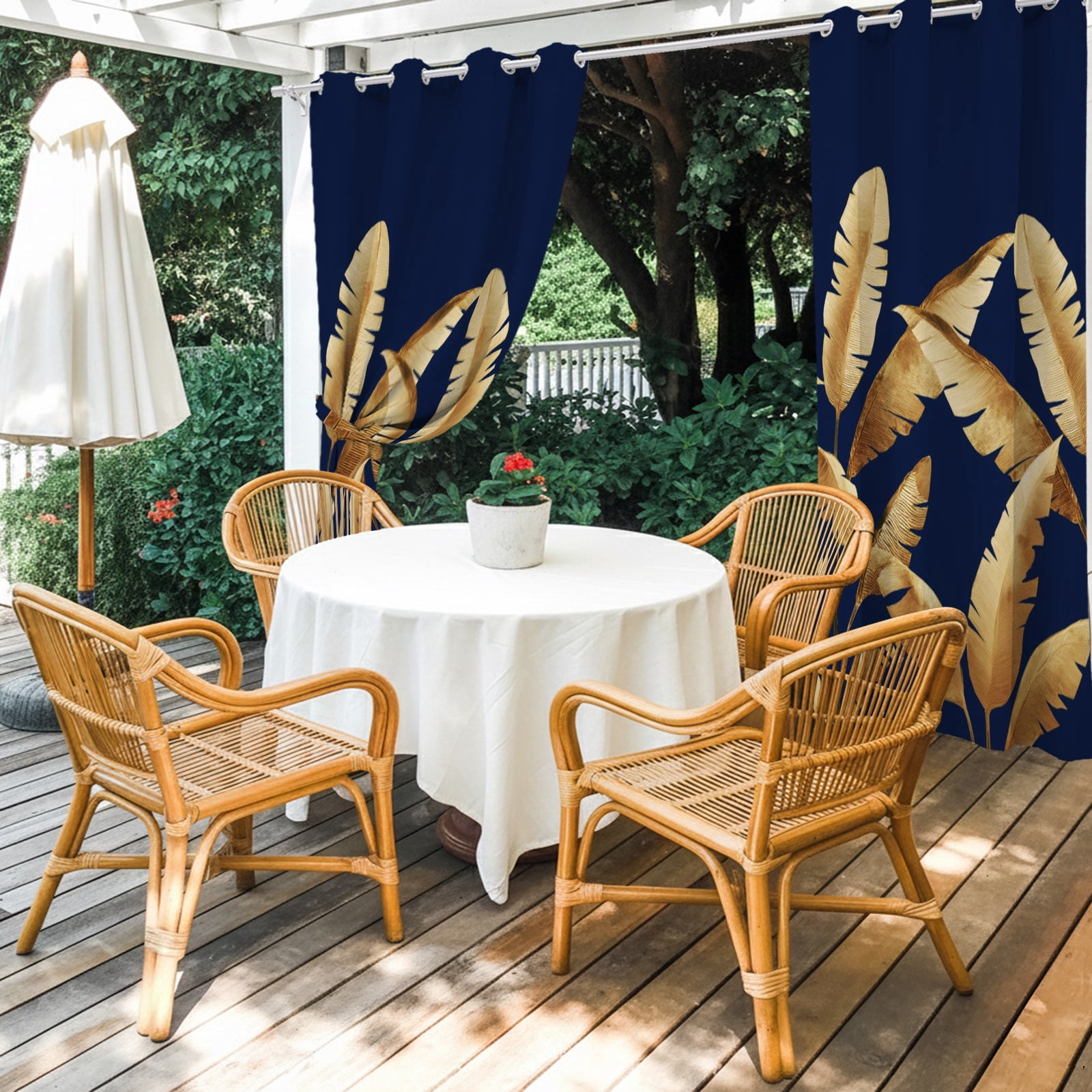 Golden Leaves Outdoor Curtains for Patio, Summer Night Sky Tropical Plants Sunshade Privacy Drapes Grommet Waterproof Outside Curtains for Porch/Cabana/Balcony 54"x 108", 1 Panel