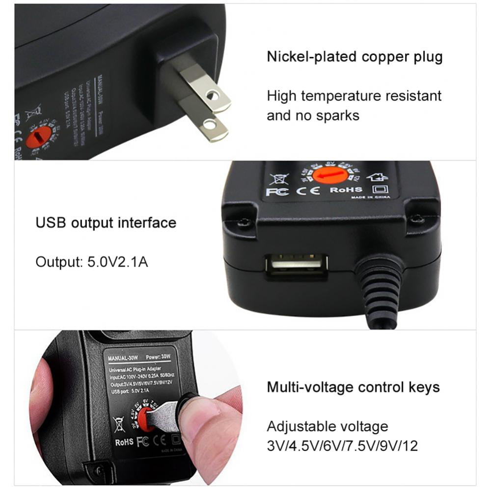 Modtagelig for forklædning Høflig 30W Adjusted With USB Multi-Voltage Output Multi-Function Power Adapter  3-12V US Regulatory General With 6 Adapter Converted Head And USB Port  Universal Power Adapter - Walmart.com