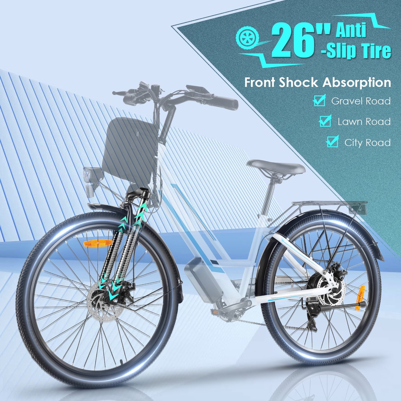 Elifine 500W Electric Bike for Adults, 26" Commuter Electric Bicycle 19.8mph City Ebike with 5 Riding Modes, 48V 7.8Ah Removable Battery UL 2849, LCD Intelligent Display Hybrid Electric Bike White