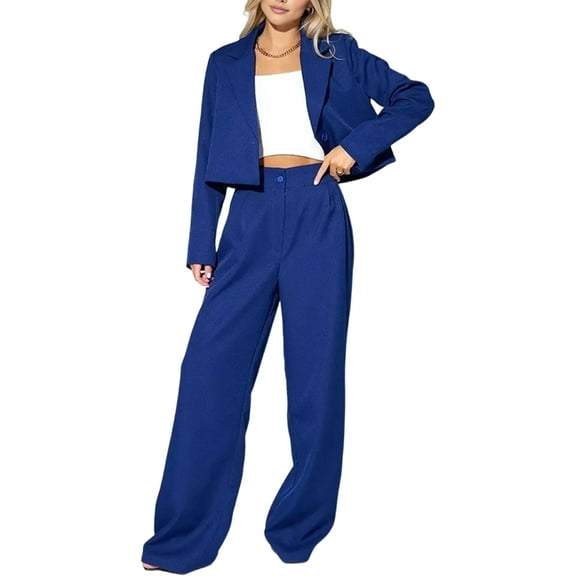 Women'S 2 Piece Casual Outfits Cropped Blazer Jackets High Waisted Wide Leg Work Pants Suit Set Blue L