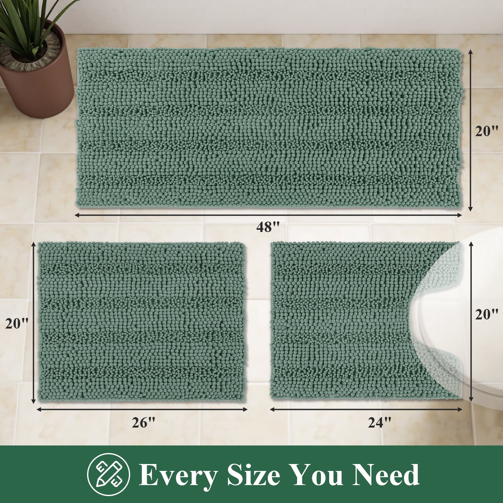 Ileading Ultra Soft Bathroom Rug Set 3 Pieces, Non Slip Thick Chenille Striped Bath Mat, Absorbent Plush Shaggy Bath Rugs for Bathroom,Sage Green