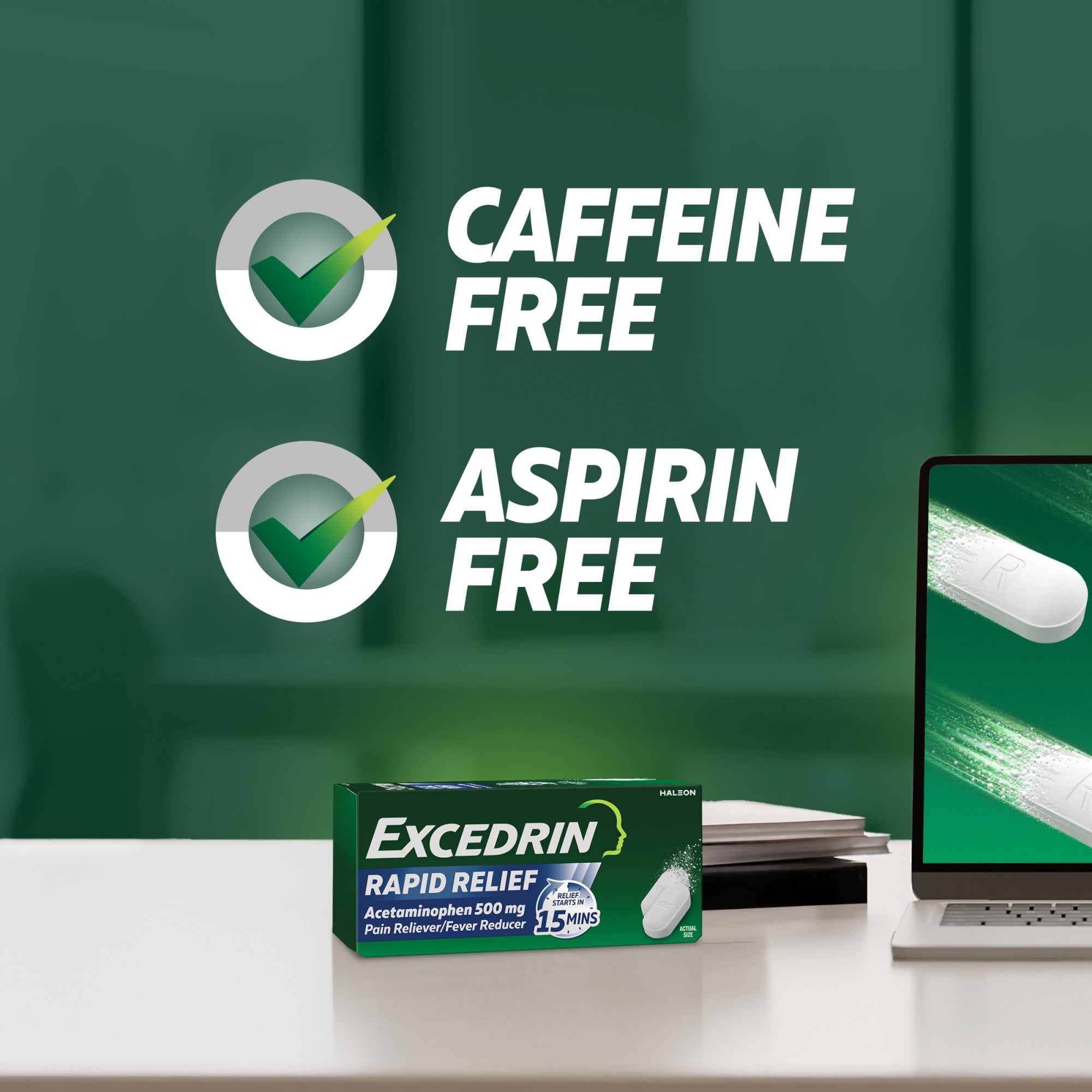 (2 pack) ​​Excedrin Rapid Relief Caplets, 500Mg Acetaminophen, Fast Pain Relief In 15 Minutes, 20 Count