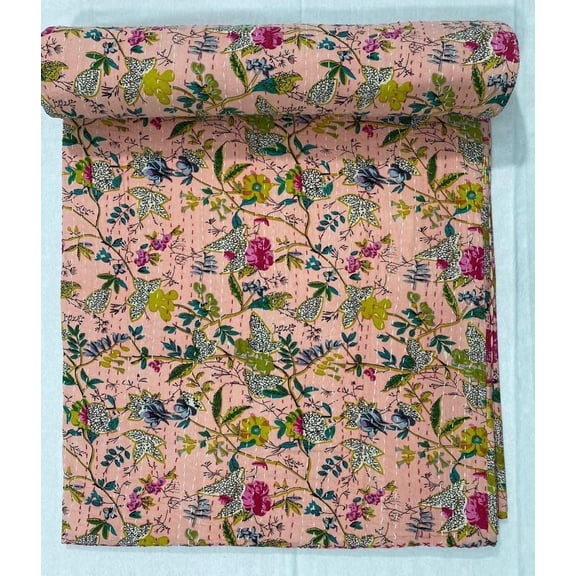 Handmade Pink Floral Kantha Quilt Handmade Cotton Block Print Bedspread Reversible Blanket Boho Cottagecore